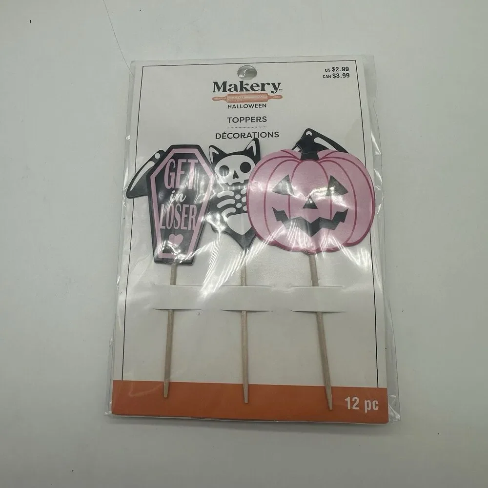 LOT OF 9 Makery Halloween Cupcake Toppers Pink Pumpkin Coffin Get In Loser 12pc